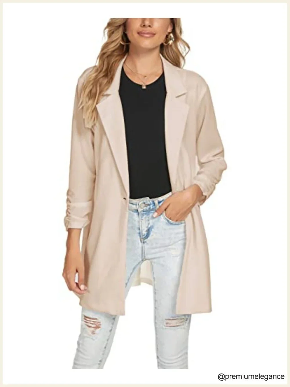 Women's 3/4 Sleeve Blazer Notch Lapel One Button Long Jacket